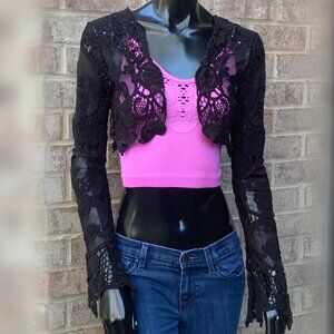 Pristine Long Bell Sleeve Sheer Lace Bolero Shrug